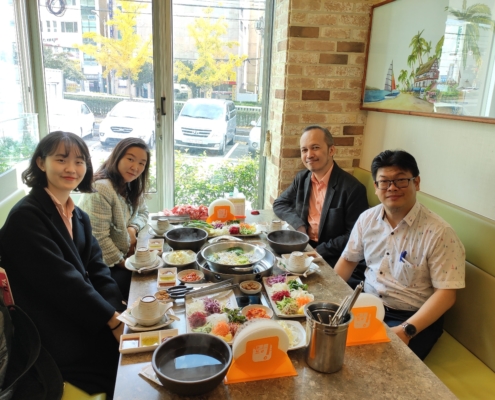 Hendrik and Teduh (Informatics UII) with Prof. Jihyun Park, Director of International Center, Youngsan University, and Ayla