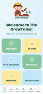 Tampilan aplikasi interaktif The GrowTales yang menggabungkan cerita, animasi, dan mini games edukatif.