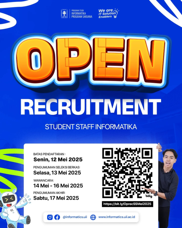 Anak Infor ga banyak cerita, tapi tiba-tiba jadi Student Staff 😛🤘🏻
Hai hai, Sobat Zenfor! Ada kabar gembira nih buat kamu yang pengen jadi bagian dari tim media sosial Informatika UII!
Penasaran gimana caranya? Langsung aja ke https://bit.ly/OprecSSMei2025
Gas, daftar sekarang! Kami tunggu berkas terbaikmu, ya! 😉📩

#informatikauii #informaticsuii #OpenRecruitment